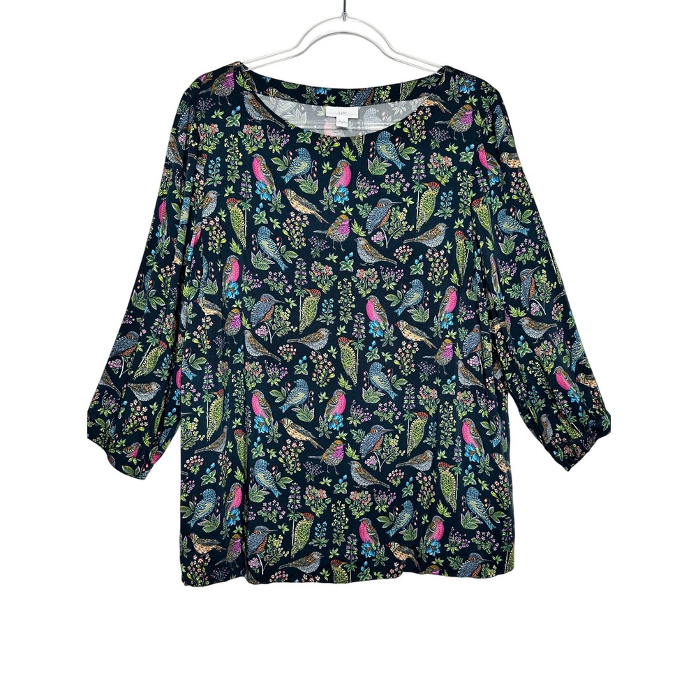 J Jill Bird Print Top Size L Navy Blue Colorful Boatneck Floral Boho Art to wear